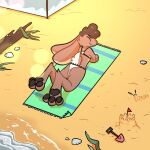  1:1 3_toes absurd_res anthro beach bikini black_pawpads brown_body brown_fur butt cheek_tuft clothed clothing crossdressing curled_hair ears_down eyes_closed facial_tuft feet fur hair hi_res lagomorph leporid lying lying_on_ground male mammal on_front pawpads paws pivoted_ears rabbit sand_castle sculpture seashell seaside shell smile smirk smug smug_face smug_grin solo sunbathing swimwear tan_body tan_fur the_xing1 toes tuft 