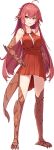  1girl artist_request bangs bare_shoulders breasts dress eyebrows_visible_through_hair full_body hair_between_eyes hand_on_hip large_breasts long_hair monster_girl monster_musume_no_iru_nichijou monster_musume_no_iru_nichijou_online official_art pointy_ears red_dress red_eyes red_hair reptile_girl sala_(monster_musume) scales slit_pupils solo strapless strapless_dress thighhighs transparent_background zettai_ryouiki 