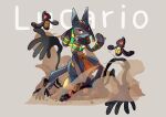  absurdres character_name closed_mouth cofagrigus grey_background hands_up highres jewelry koka12312 looking_at_viewer lucario orange_eyes pokemon pokemon_(creature) pokemon_(game) pokemon_unite rock sand smile spikes squatting yamask 