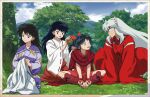  3girls :o ;p black_hair border bow closed_mouth eye_contact father_and_daughter hair_bow hair_brushing hakama han&#039;you_no_yashahime highres higurashi_kagome indian_style inuyasha inuyasha_(character) japanese_clothes kimono long_hair long_sleeves looking_at_another miko moroha mother_and_daughter multiple_girls one_eye_closed open_mouth ponytail red_bow red_hakama red_kimono ribbon-trimmed_sleeves ribbon_trim rin_(inuyasha) shiny shiny_hair silver_hair sitting straight_hair sweatdrop tongue tongue_out white_border white_kimono wide_sleeves 