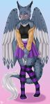  anthro avian blush bottomwear clothing female folded_wings gradient_background gryphon hi_res legwear looking_aside mythological_avian mythology polly-lolly shirt shoulderless_clothing simple_background skirt solo stockings topwear wings 