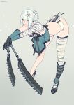  1girl bandaged_leg bandages bent_over black_footwear braid breasts closed_mouth flower grey_hair hair_flower hair_ornament hair_rings hands_on_hilt high_heels highres holding holding_weapon kaine_(nier) kotatsu_(g-rough) looking_at_viewer nier nier_(series) panties single_thighhigh small_breasts solo thighhighs underwear weapon white_panties 