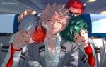  4boys bakugou_katsuki bandage_on_face bandaged_chest bandaged_ear bandaged_hand bandaged_neck bandages bandaid bandaid_on_face blazer blonde_hair boku_no_hero_academia burn_scar character_request closed_eyes collared_shirt drooling freckles green_hair head_on_another&#039;s_shoulder highres jacket male_focus midoriya_izuku multicolored_hair multiple_boys necktie red_hair red_necktie saliva scallopojisan scar scar_on_face school_uniform shirt sleeping spiked_hair split-color_hair todoroki_shouto train_interior twitter_username two-tone_hair u.a._school_uniform white_hair white_shirt 