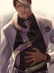  1boy bara coat commentary formal highres holding jacket long_sleeves male_focus mature_male muscular muscular_male necktie original reisei_zero shirt short_hair snake solo suit 