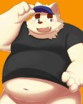  2022 anthro belly big_belly blush canid canine canis clothing cute_fangs domestic_dog hat headgear headwear hi_res humanoid_hands kemono male mammal navel overweight overweight_male shirt sibugaki_2810 simple_background solo topwear 