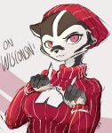  anthro badger beanie bucky_badger clothed clothing college_football female fur hat headgear headwear hi_res kugi mammal mascot mustelid musteline simple_background smile solo wisconsin_badgers 