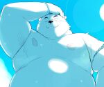 2022 anthro belly big_belly bodily_fluids humanoid_hands kemono male mammal moobs nipples one_eye_closed overweight overweight_male polar_bear sessa solo sweat ursid ursine white_body 