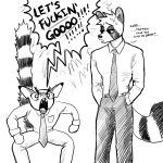  1:1 anthro black_and_white bodily_fluids boyfriends canid canine domestic_cat duo eebahdeebah eye_spots eyewear fangs felid feline felis glasses half-closed_eyes hi_res kubo_(eebahdeebah) love male male/male mammal markings monochrome narrowed_eyes necktie niko_(eebahdeebah) notched_ear office_clothing raccoon_dog raised_tail ring_(marking) ringtail romantic romantic_couple sharp_teeth simple_background sweat sweatdrop tail_markings tanuki teeth 