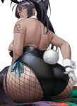  1girl animal_ears ass bare_shoulders black_hair blue_archive breasts dark_skin fake_animal_ears fake_tail fishnet_legwear fishnets from_behind gloves highres karin_(blue_archive) karin_(bunny_girl)_(blue_archive) large_breasts long_hair looking_at_viewer looking_back orange_eyes pantyhose playboy_bunny ponytail rabbit_ears rabbit_tail revision shoulder_tattoo simple_background solo tail tattoo white_background white_gloves yoshio_(55level) 