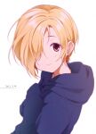  1girl 2022 ayame_iro_(toumei_dolce) blonde_hair blush closed_mouth dated earrings from_side hair_over_one_eye highres hood hood_down hooded_sweater idolmaster idolmaster_cinderella_girls jewelry looking_at_viewer red_eyes shirasaka_koume short_hair simple_background sleeves_past_fingers sleeves_past_wrists solo sweater upper_body white_background 