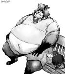  2022 aokamidu belly big_belly bottomwear canid canine clothing hat headgear headwear hi_res humanoid_hands male mammal monochrome obese obese_male overweight overweight_male raccoon_dog shirt shorts sitting solo tanuki topwear 