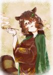  1girl absurdres bangs brown_background brown_eyes brown_kimono byoubyou99 futatsuiwa_mamizou glasses highres holding holding_pipe japanese_clothes kimono leaf leaf_on_head long_sleeves looking_at_viewer open_mouth pipe raccoon_girl raccoon_tail short_hair smoke smoking solo tail touhou 