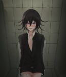  1boy alternate_costume bangs black_hair blush collarbone cum cum_in_mouth danganronpa_(series) danganronpa_v3:_killing_harmony eyebrows_visible_through_hair flipped_hair hair_between_eyes indoors long_sleeves ouma_kokichi pink_eyes shirt sitting skyo110 smile solo tile_wall tiles toilet white_shirt 