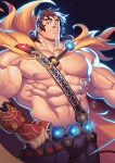 1boy abs bangs bara brown_hair commentary fate/grand_order fate_(series) highres large_pectorals long_hair male_focus mature_male muscular muscular_male pectorals smile solo super_orion_(fate) thick_eyebrows xelgot 