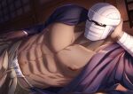  1boy abs architecture bandage_on_face bandages bara bare_pectorals bida building covered_face dark-skinned_male dark_skin east_asian_architecture fundoshi hakama hand_on_hip hand_on_own_head japanese_clothes kimono large_pectorals looking_at_viewer lying male_focus male_underwear manly mask muscular muscular_male navel navel_hair nipples on_side original pectorals red_eyes red_hair solo sweat sweatdrop underwear upper_body yukata 