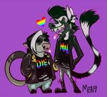  &lt;3 anthro boyfriends cigarette clothing duo ears_down eye_spots fangs hair half-closed_eyes hand_holding izzy_(cadaverrdog) jacket leather leather_clothing leather_jacket leather_topwear lemur lgbt_pride love male male/male mammal mangybones markings marsupial multicolored_hair narrowed_eyes open_mouth open_smile petaurid phalangeriform pivoted_ears pride_color_accessory pride_color_clothing pride_colors primate punk purple_background rainbow_symbol ring-tailed_lemur ring_(marking) ringtail robbie_(mangeybones) romantic romantic_couple sharp_teeth simple_background smile smoking smoking_tobacco strepsirrhine sugar_glider tail_markings teeth topwear two_tone_hair 