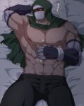  1boy abs arm_behind_head armpits artist_name bara bed bed_sheet biceps bida bracelet cape covered_face elbow_gloves gloves hand_on_own_stomach highres hood hoodie jewelry large_pectorals lying male_focus manly mask muscular muscular_male nipples on_back original pants pectorals pillow scratching sleeping solo thick_arms thick_thighs thighs topless topless_male 