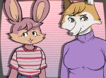  2021 alekoin anthro canid canine clothing digital_drawing_(artwork) digital_media_(artwork) duo female fox fur girly lagomorph leporid male male/female mammal pattern_clothing pink_body pink_fur purple_clothing rabbit striped_clothing stripes sweater topwear turtleneck 