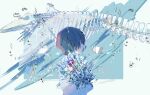  1girl absurdres air_bubble animal_skull bangs black_hair blue_background book bouquet bubble closed_mouth commentary_request from_side hagimorijia hair_over_eyes highres holding holding_bouquet original profile short_hair skeleton solo two-tone_background upper_body 