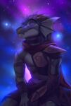  2022 anthro clothed clothing detailed_background digital_media_(artwork) eyes_closed hi_res koul lizard male night outside reptile scalie sitting sky star starry_sky 