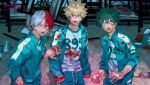  3others bakugou_katsuki blonde_hair blood blood_on_clothes blood_on_face blood_on_hands blood_splatter boku_no_hero_academia burn_scar circle freckles green_hair green_jacket green_pants highres jacket looking_at_viewer male_focus midoriya_izuku multicolored_clothes multicolored_hair multicolored_jacket multiple_boys multiple_others nosebleed open_mouth pants pool_of_blood red_eyes red_hair scallopojisan scar scar_on_face scar_on_hand spiked_hair square squid_game todoroki_shouto track_pants track_suit triangle twitter_username two-tone_hair two-tone_jacket white_hair 