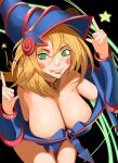  1girl aura bangs bare_shoulders blonde_hair blue_dress blue_headwear blush blush_stickers boots breasts bridal_gauntlets cleavage dark_magician_girl detached_collar dress duel_monster green_eyes hair_between_eyes hat hexagram highres huge_breasts kevbot large_breasts leotard lips long_hair looking_at_viewer magic magic_circle open_mouth signature smile solo thighs wizard_hat yu-gi-oh! yu-gi-oh!_duel_monsters 