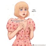  1boy armin_arlert blonde_hair blue_eyes crossdressing dress expressity food_print lips male_focus open_mouth otoko_no_ko pink_dress shingeki_no_kyojin simple_background solo strawberry_print upper_body web_address white_background 