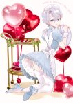  1boy alternate_costume apron blue_eyes blush crossdressing dildo dress enmaided frills garter_straps grey_hair heart highres looking_at_viewer maid maid_apron maid_headdress original otoko_no_ko puffy_sleeves sex_toy short_hair solo valentine white_apron yuriko2755 