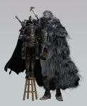  2022 3d_(artwork) ambiguous_gender anthro arm_around_shoulders arm_on_shoulder armor biped blaidd_(elden_ring) breastplate canid canine canis cloak clothing digital_media_(artwork) duo elden_ring fromsoftware fur furniture gauntlets gloves greaves grey_body grey_fur handwear headgear helmet hi_res human larger_anthro larger_male layzuhcatz male mammal melee_weapon pauldron purple_eyes simple_background size_difference smaller_ambiguous smaller_human stool sword tarnished_(elden_ring) video_games weapon white_background wolf 