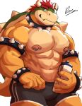  2022 abs anthro armband barazoku big_muscles bottle bottomwear bowser bracelet bulge clothed clothing collar deedea eyebrows hair hi_res holding_bottle holding_object horn huge_muscles jewelry koopa looking_at_viewer male mario_bros muscular muscular_anthro muscular_male navel nintendo nipple_piercing nipple_ring nipples non-mammal_nipples obliques pecs piercing scalie shell shorts signature simple_background smile solo spiked_armband spiked_bracelet spiked_collar spiked_shell spiked_tail spikes spikes_(anatomy) standing topless topless_anthro topless_male video_games water_bottle white_background 
