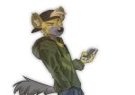  2022 anthro clothed clothing digital_media_(artwork) fingers fur hyaenid koul looking_at_viewer male mammal simple_background white_background yellow_body yellow_fur 