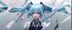  1girl :d bangs blue_eyes blue_hair blue_necktie floating_hair grey_background hair_between_eyes hair_ribbon hatsune_miku long_hair looking_at_viewer necktie open_mouth ribbon shiny shiny_hair smile solo twintails twitter_username upper_body very_long_hair vocaloid watermark yzlllll 