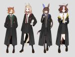  4girls admire_vega_(umamusume) ahoge animal_ears bangs black_legwear black_robe black_skirt blonde_hair blue_necktie breast_pocket brown_footwear brown_hair closed_mouth collared_shirt crown full_body green_necktie grey_background grey_sweater gryffindor hairband hand_on_hip hands_in_pockets harry_potter_(series) highres horse_ears horse_girl horse_tail hufflepuff jitome kneehighs loafers long_hair long_sleeves looking_at_viewer meisho_doto_(umamusume) mini_crown multicolored_hair multiple_girls narita_top_road_(umamusume) necktie off_shoulder open_mouth orange_hair pocket ravenclaw red_necktie robe shirt shoes simple_background skirt slytherin smile sweater sweater_vest t.m._opera_o_(umamusume) tail tsukemono_umashi two-tone_hair umamusume v_neck white_shirt yellow_necktie 