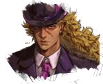  1boy blonde_hair bowler_hat brown_eyes closed_mouth collared_shirt commentary_request cropped_shoulders dated faux_traditional_media formal hat highres jojo_no_kimyou_na_bouken korean_commentary long_hair male_focus necktie phantom_blood pink_necktie rerojojo99 robert_e._o._speedwagon scar scar_on_face shirt sketch solo suit wavy_hair white_background 