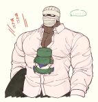  2boys bandage_on_face bandages bara biceps bida boots chibi close-up coat coat_removed collared_shirt dark-skinned_male dark_skin hat large_pectorals male_focus manly mask multiple_boys muscular muscular_male open_clothes open_shirt original pectoral_cleavage pectorals red_eyes shirt skirt speech_bubble text_focus thick_arms tight unbuttoned unbuttoned_shirt upper_body 