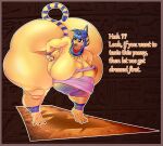  absurd_res animal_crossing ankha_(animal_crossing) anthro areola bent_over big_breasts big_butt blue_areola blue_hair blue_nipples bottom_heavy breasts butt digital_media_(artwork) domestic_cat dressing english_text felid feline felis female hair hi_res huge_breasts huge_butt huge_thighs hyper hyper_breasts hyper_butt hyper_hips hyper_thighs looking_back mammal markings nintendo nipples offscreen_character solo striped_markings striped_tail stripes tail_markings talking_to_another text thick_calves thick_thighs ujanskiy uraeus video_games yellow_body 