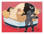  anal anthro bed belly big_belly canid canine canis duly_noted duo felid furniture grope hairy hands_behind_head lion male male/male mammal moobs muscular overweight overweight_male pantherine relaxing size_difference smile wolf 