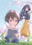  2girls absurdres apple_inc. black_hair black_shirt blue_eyes blue_sky blurry blurry_foreground blush brown_hair camera cherry_blossoms closed_mouth commentary_request day denim drawstring falling_petals flower grass highres holding holding_camera holding_tablet_pc hood hood_down hoodie jeans long_hair long_sleeves looking_at_another michinoku_(hiking_miusan18) multiple_girls original outdoors pants parted_lips petals pink_flower purple_eyes shirt skirt sky smile tablet_pc tree white_hoodie yellow_skirt 