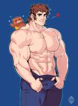  1boy abs bangs bara brown_hair commentary fate/grand_order fate_(series) highres large_pectorals long_hair male_focus muscular muscular_male orion_(bear)_(fate) pectorals smile stuffed_animal stuffed_toy super_orion_(fate) teddy_bear thick_eyebrows topless_male xelgot 