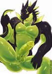  5_fingers another_eidos_of_dragon_vein_r anthro balls black_body bodily_fluids dripping empty_eyes fingers genital_fluids genitals glans goo_creature green_balls green_body green_penis hi_res holding_tail horn humanoid_genitalia humanoid_penis iriai_inasa jade_(anothereidos_r) male muscular muscular_anthro muscular_male nude open_mouth pecs penis precum precum_drip scalie sharp_teeth simple_background solo spikes spikes_(anatomy) teeth tongue tongue_out vein 