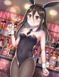  1girl animal_ears black_hair black_leotard bottle bow bowtie brandy breasts brown_eyes brown_legwear commentary_request cowboy_shot cup detached_collar drinking_glass dutch_angle fishnet_legwear fishnets hair_between_eyes highres kurume_sml leotard long_hair morag_ladair_(xenoblade) pantyhose playboy_bunny rabbit_ears small_breasts solo standing wine_glass wrist_cuffs xenoblade_chronicles_(series) xenoblade_chronicles_2 