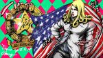  1boy absurdres american_flag blonde_hair checkered_background coat funny_valentine hands_on_hips highres jojo_no_kimyou_na_bouken looking_at_viewer male_focus pants pumpkinman shirt solo solo_focus steel_ball_run stone_mask_(jojo) white_coat white_pants white_shirt 