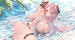 1girl ass beach bikini blue_eyes braid breasts draph earrings granblue_fantasy hair_over_one_eye highres horns jewelry large_breasts light_purple_hair long_hair looking_at_viewer low_tied_hair lying narmaya_(granblue_fantasy) nor_draft on_side pointy_ears single_braid solo swimsuit thigh_strap water white_bikini 