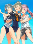  3girls aqua_background black_shirt black_swimsuit blue_eyes blue_hair blue_sailor_collar blue_swimsuit blush bow breasts closed_eyes competition_school_swimsuit gotland_(kancolle) green_eyes green_hair grey_hair grey_skirt hair_bow hair_bun hair_ribbon highres kantai_collection kusakabe_(kusakabeworks) long_hair multiple_girls open_mouth orange_neckwear pink_hair ponytail ribbon sailor_collar school_swimsuit school_uniform serafuku shirt short_sleeves skirt small_breasts smile swimsuit swimsuit_under_clothes tank_top two-tone_swimsuit very_long_hair wet wet_clothes wet_shirt wet_swimsuit white_sailor_collar white_shirt yura_(kancolle) yuubari_(kancolle) 