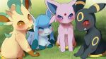  2022 ambiguous_gender blush bodily_fluids dagasi digital_media_(artwork) eeveelution espeon feral fur glaceon grass group hi_res leafeon nintendo open_mouth outside plant pok&eacute;mon pok&eacute;mon_(species) portal tears thinking_with_portals umbreon video_games 