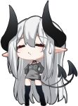  1girl =_= bangs bare_shoulders black_choker black_legwear black_panties bra_strap chibi choker closed_eyes demon_tail eyebrows_visible_through_hair full_body grey_sweater hands_on_hips highres huizhiyin long_sleeves multiple_tails no_pants off-shoulder_sweater off_shoulder original panties pointy_ears silver_hair simple_background solo standing sweatdrop sweater tail thighhighs two_tails underwear white_background 