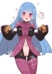  1girl bangs blue_hair blush bodysuit breasts confused cropped_jacket cum highres kula_diamond medium_breasts red_eyes sumiyao_(amam) sweat the_king_of_fighters 