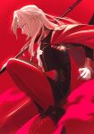  1girl ascot black_footwear blonde_hair cape covered_mouth edelgard_von_hresvelg fire_emblem fire_emblem:_three_houses foot_out_of_frame from_side garreg_mach_monastery_uniform highres holding holding_weapon knee_up long_hair looking_ahead pantyhose profile purple_eyes red_background red_cape red_legwear red_theme shoes solo toho10min weapon white_ascot 