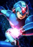  1boy absurdres android arm_cannon blue_armor capcom cowboy_shot english_commentary green_eyes helmet highres knee_up lower_teeth male_focus mega_man_(series) mega_man_x_(character) mega_man_x_(series) mega_man_x_dive open_mouth robot running silverchariotx solo sparkle teeth upper_teeth weapon 