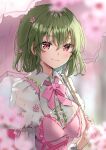  1girl alternate_costume blush cherry_blossoms closed_mouth collared_shirt green_hair hair_between_eyes highres holding holding_umbrella juliet_sleeves kazami_yuuka long_sleeves looking_at_viewer puffy_sleeves red_eyes shironeko_yuuki shirt short_hair smile solo touhou umbrella white_shirt 